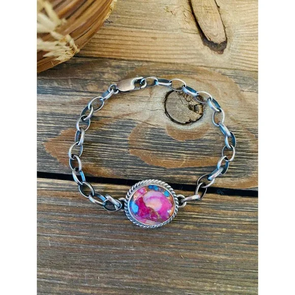 Navajo Pink Dream Mohave & Sterling Silver Link Bracelet - Picture 1 of 7
